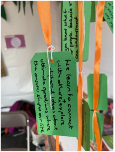 Green luggage tags hanging by orange ribbons