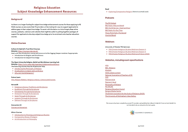 List of Subject Knowledge Enhancement Resources for Religious Education