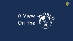 Title of the video. A view on the world is in white text on a blue background. The word world is written on top of a white drawing of earth.